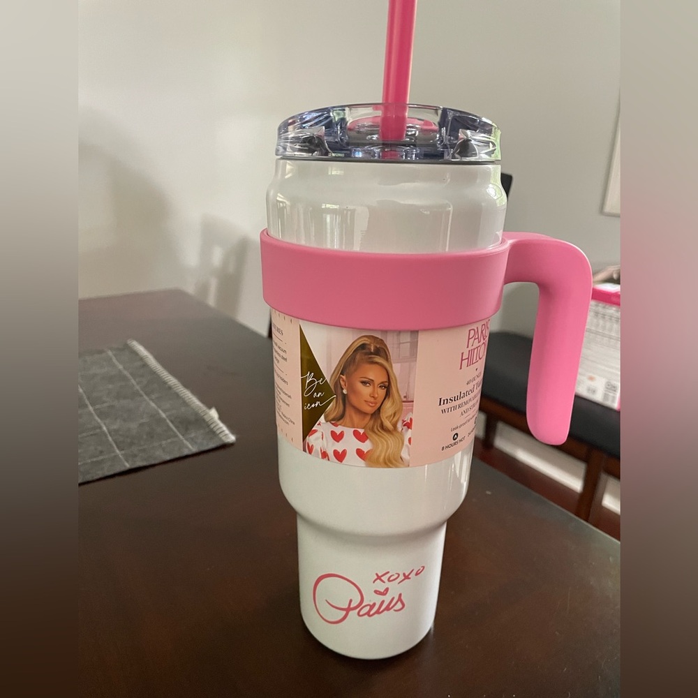 Paris Hilton Pink and White Travel Mug with Handle